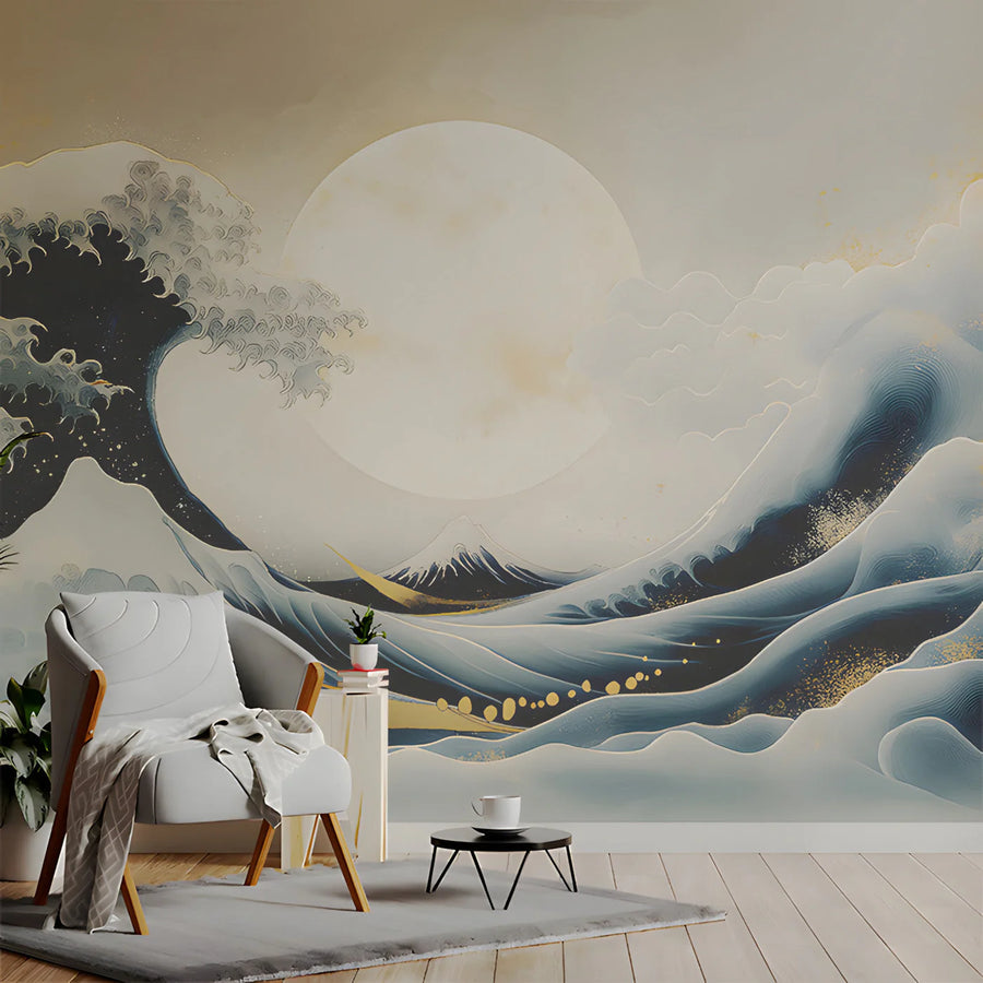 Great Wave Lunar Mural Wallpaper in Navy and Soft Gold Mural Wallpaper