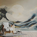 Great Wave Lunar Mural Wallpaper in Navy and Soft Gold Mural Wallpaper - pure wallpaper artwork
