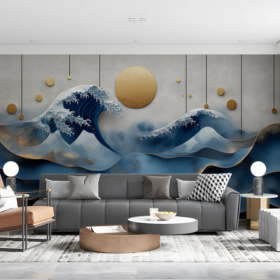 Japanese Wave Mural Wallpaper with Golden Accents Mural Wallpaper