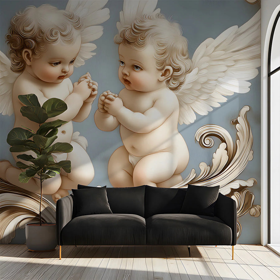 Baroque Cherubs Mural Wallpaper — Elegant Blue and Gold Wall Mural Mural Wallpaper