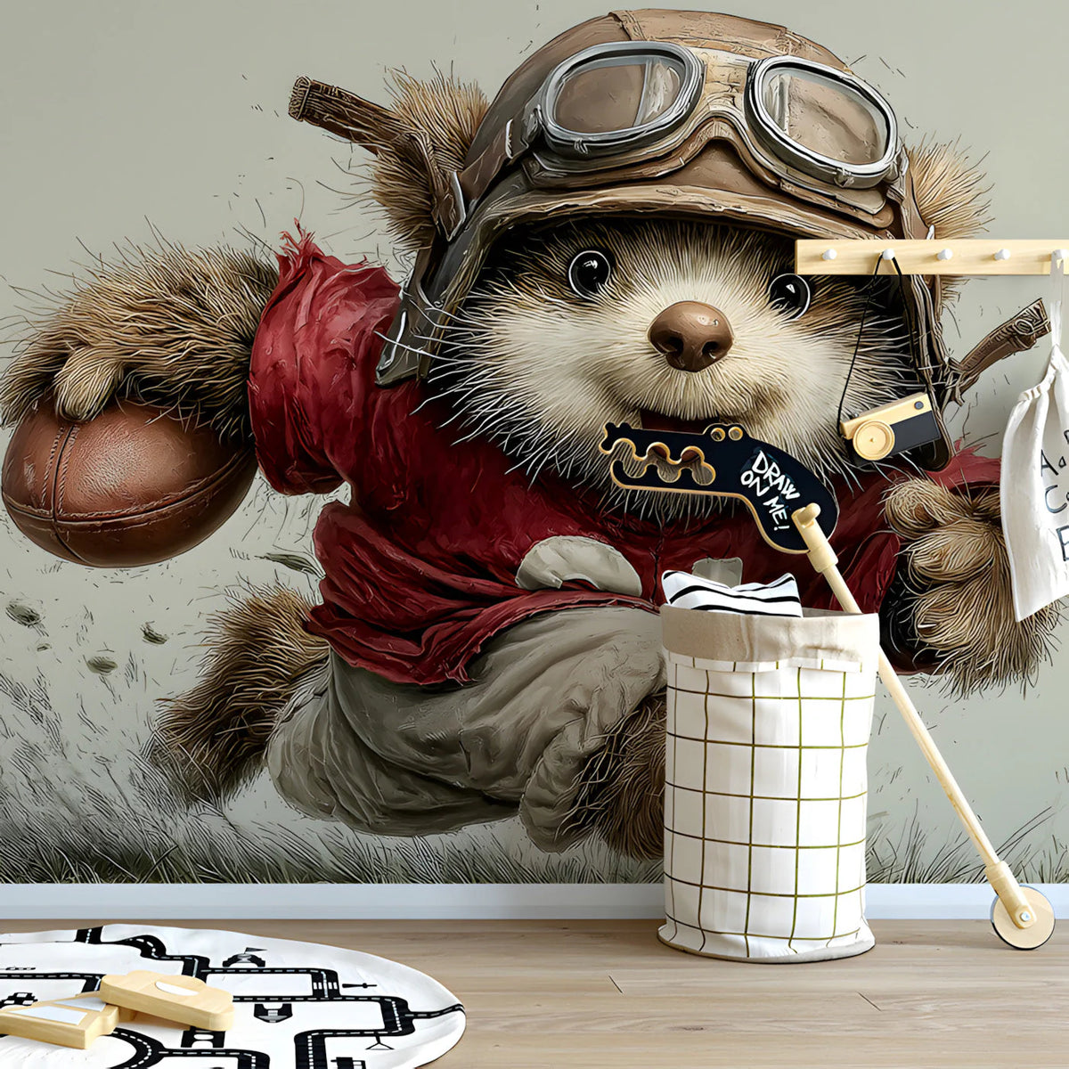 Aviator Bear Football Player Mural Wallpaper — Whimsical Kids Wall Art Mural Wallpaper - pure wallpaper artwork