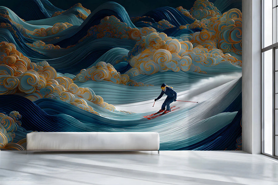 Alpine Wave Mural Wallpaper with Stylized Gold Clouds Mural Wallpaper