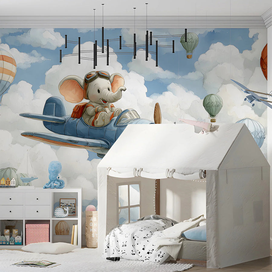 Elephant Pilot Mural Wallpaper — Whimsical Sky Adventure Mural Wallpaper
