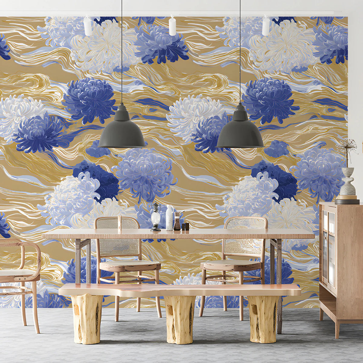 Chrysanthemum Wave Mural Wallpaper — Floral Art Nouveau Inspired Mural Wallpaper - pure wallpaper artwork