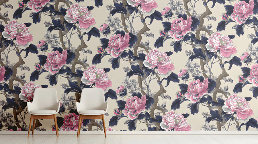 Chinoiserie Peony Floral Mural Wallpaper in Pink and Navy Mural Wallpaper