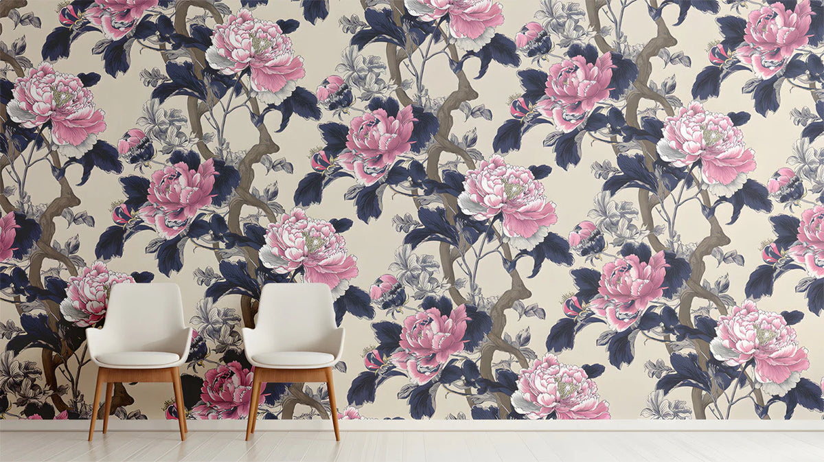 Chinoiserie Peony Floral Mural Wallpaper in Pink and Navy Mural Wallpaper - pure wallpaper artwork