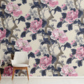 Chinoiserie Peony Floral Mural Wallpaper in Pink and Navy Mural Wallpaper - pure wallpaper artwork