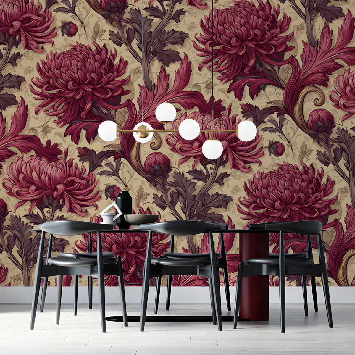 Vintage Chrysanthemum Floral Mural Wallpaper in Deep Raspberry Mural Wallpaper - pure wallpaper artwork