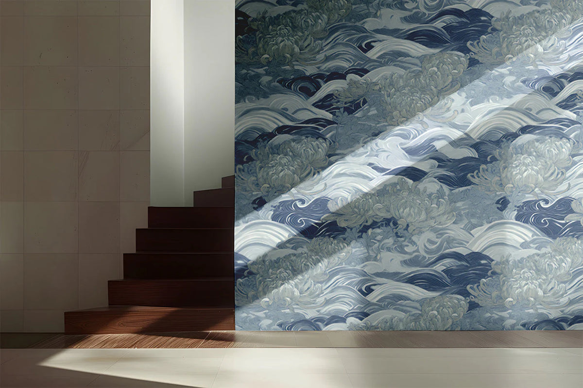 Chrysanthemum Wave Mural Wallpaper in Indigo Blue Mural Wallpaper - pure wallpaper artwork