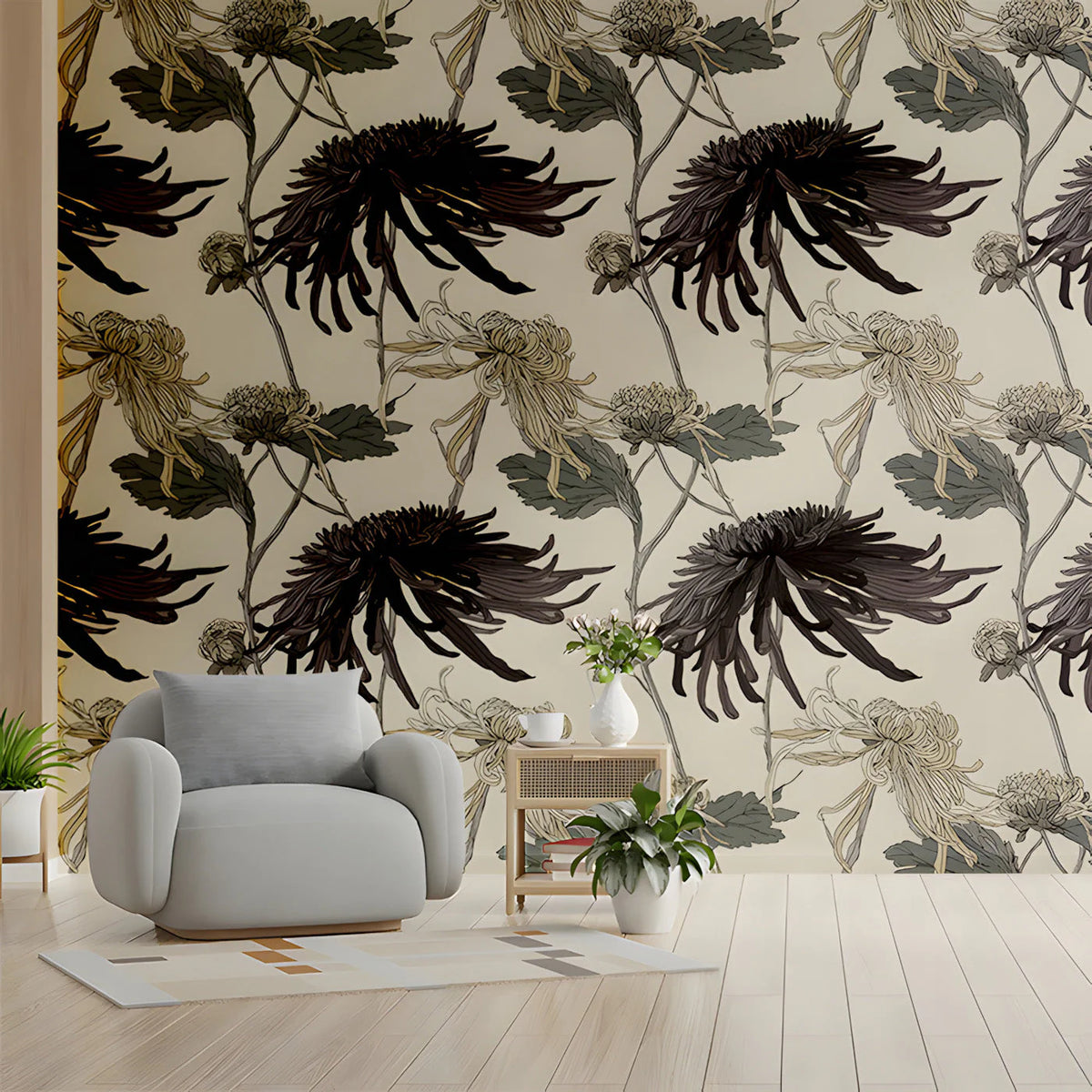 Vintage Botanical Chrysanthemum Mural Wallpaper in Muted Tones Mural Wallpaper - pure wallpaper artwork