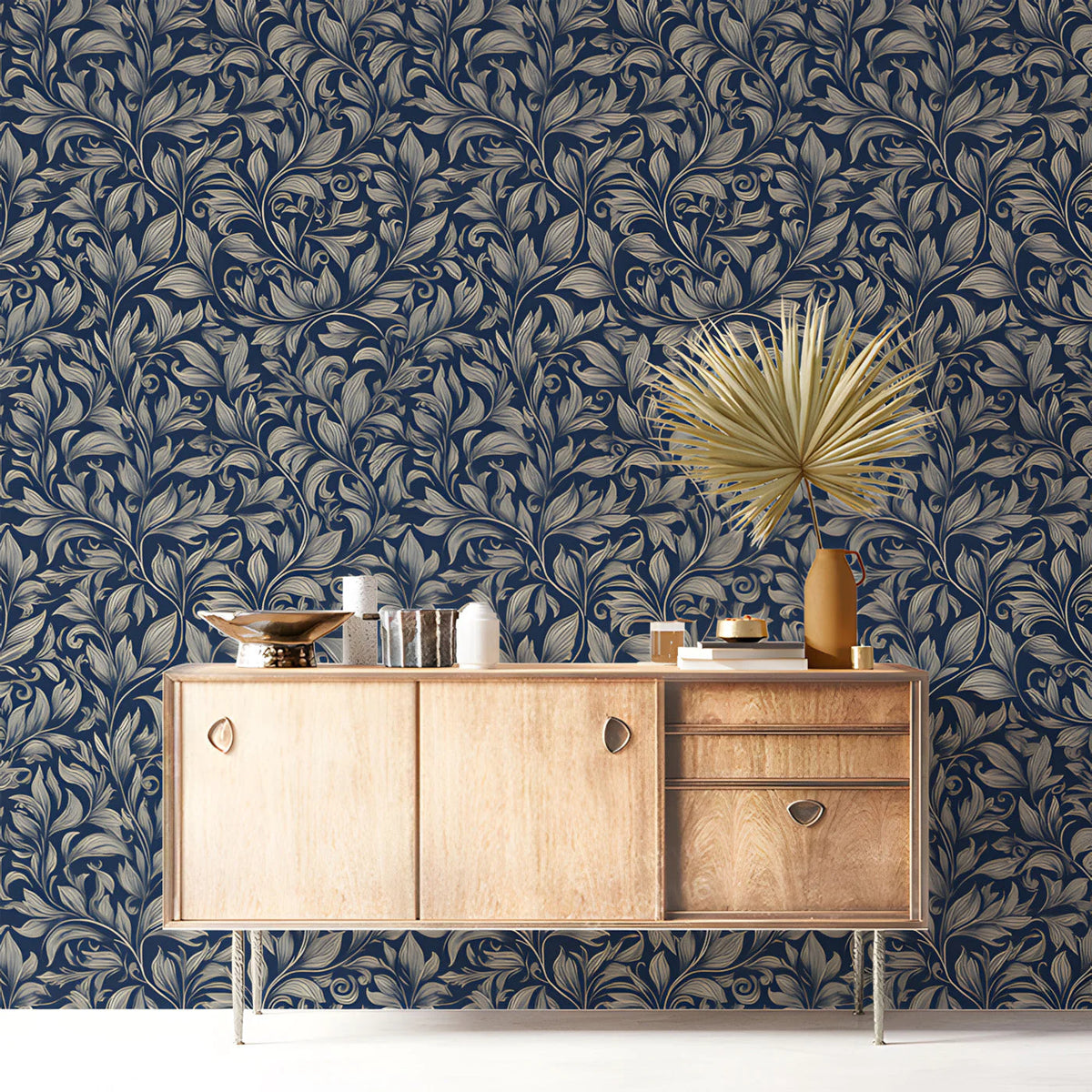 Midnight Heirloom Scroll Mural Wallpaper — Vintage Navy Floral Mural Wallpaper - pure wallpaper artwork