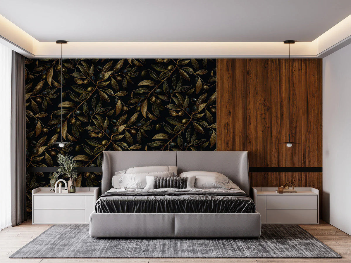 Gilded Olive Branch Mural Wallpaper — Sophisticated Botanical Mural Wallpaper - pure wallpaper artwork
