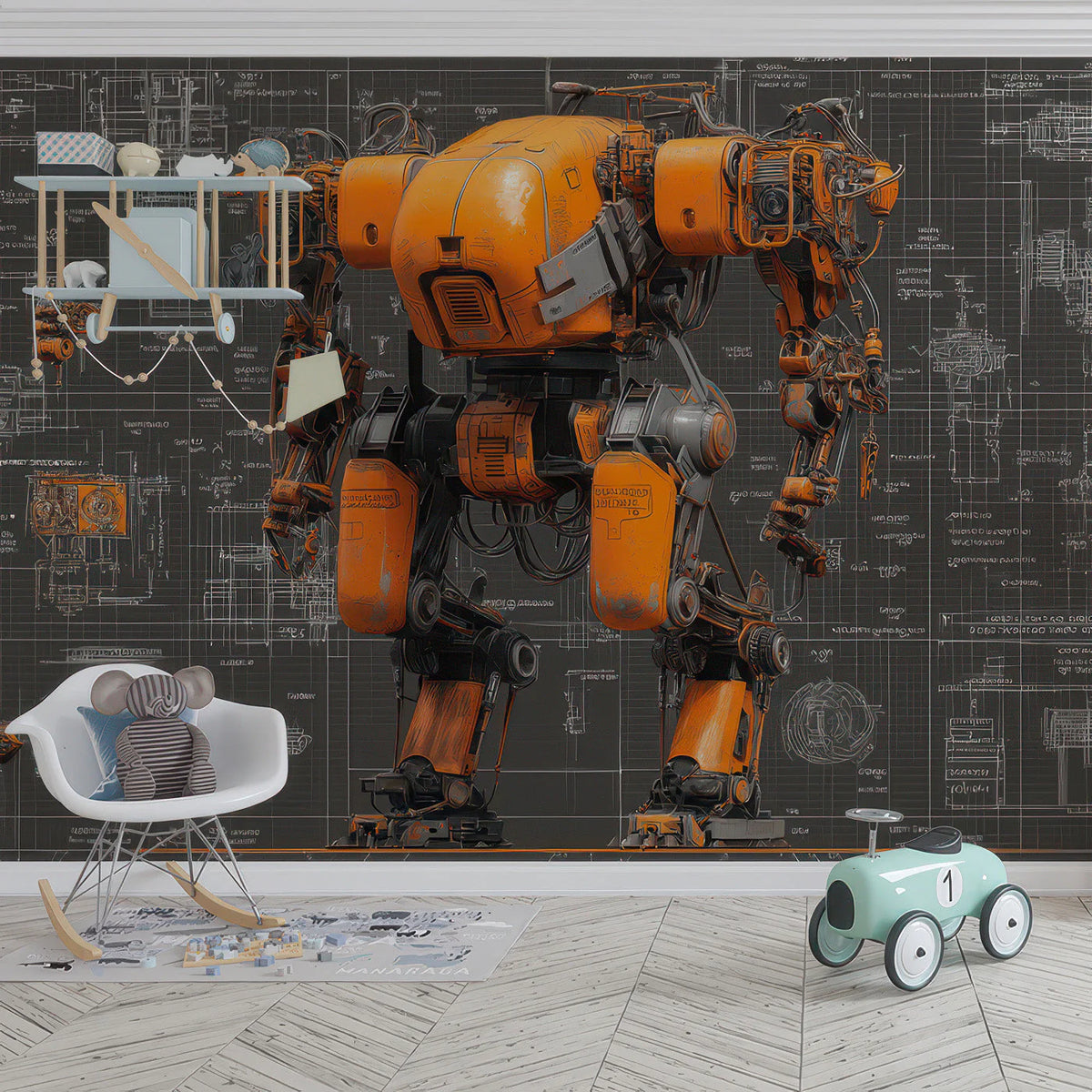 Industrial Mech Blueprint Mural Wallpaper — Bold Orange Design Mural Wallpaper - pure wallpaper artwork