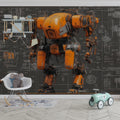 Industrial Mech Blueprint Mural Wallpaper — Bold Orange Design Mural Wallpaper - pure wallpaper artwork