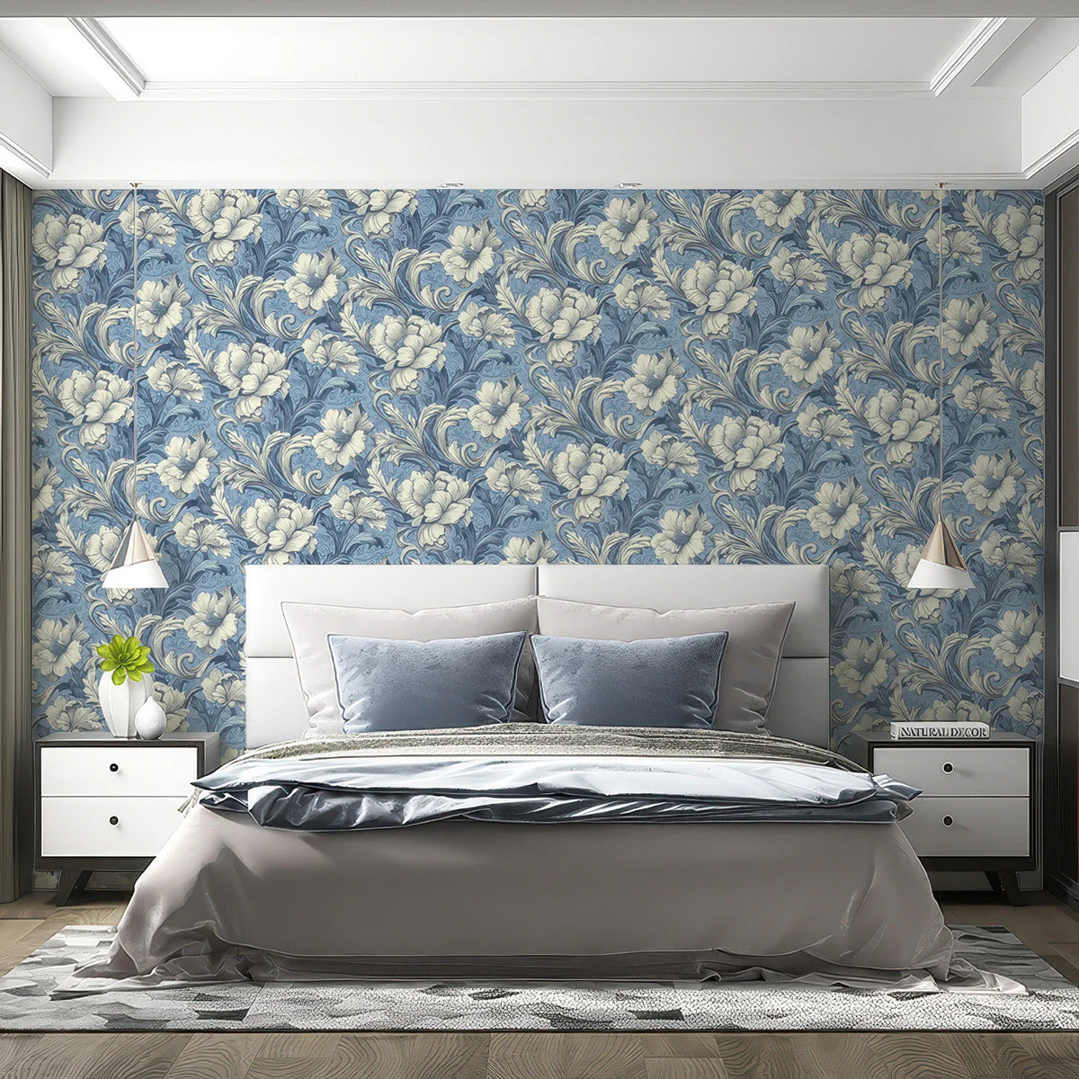 Vintage Floral Damask Mural Wallpaper in Blue and Cream Mural Wallpaper - pure wallpaper artwork