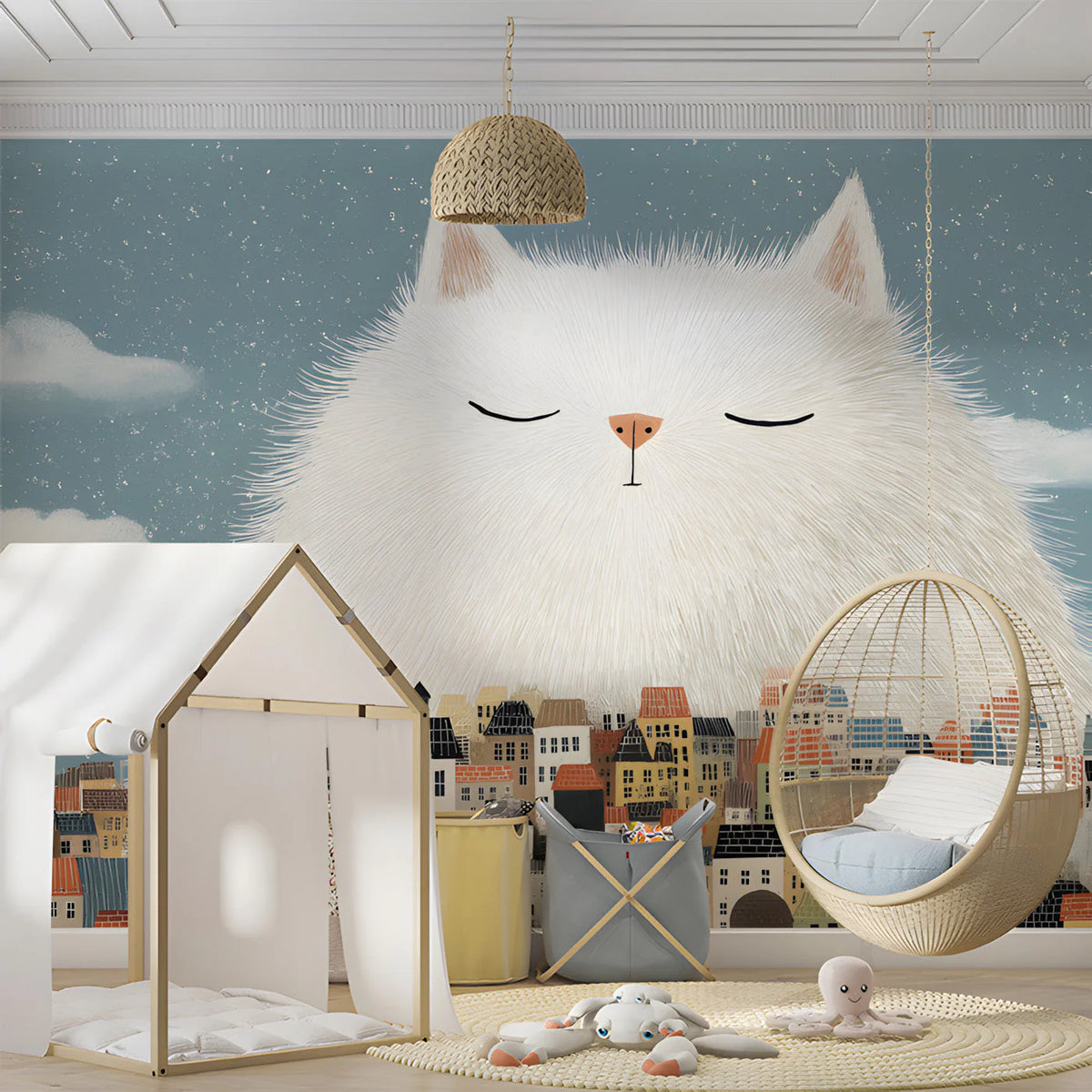 Giant Fluffy Cat Over City Mural Wallpaper — Whimsical Decor Mural Wallpaper - pure wallpaper artwork