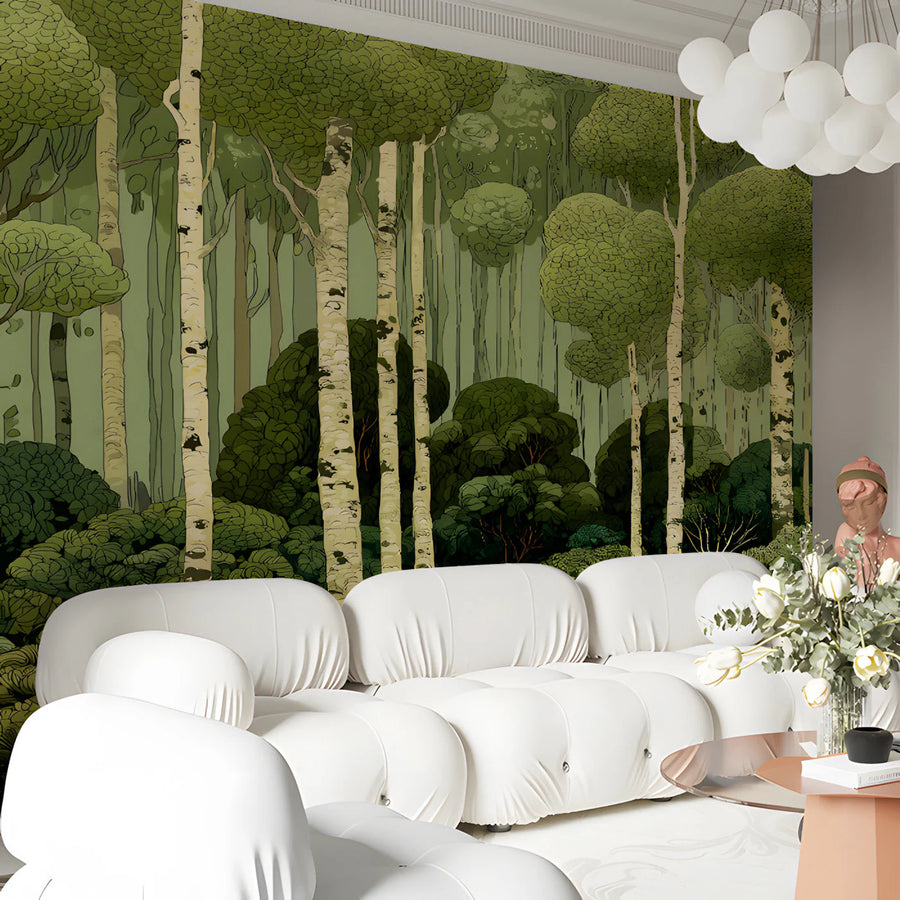 Birch Forest Mural Wallpaper — Illustrative Nature Scene Mural Wallpaper