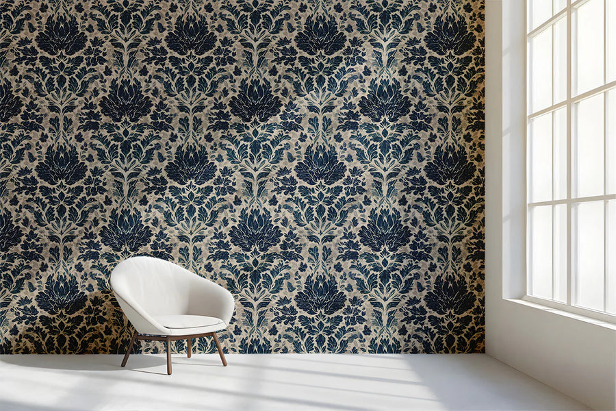 Midnight Damask Mural Wallpaper in Navy and Cream Mural Wallpaper