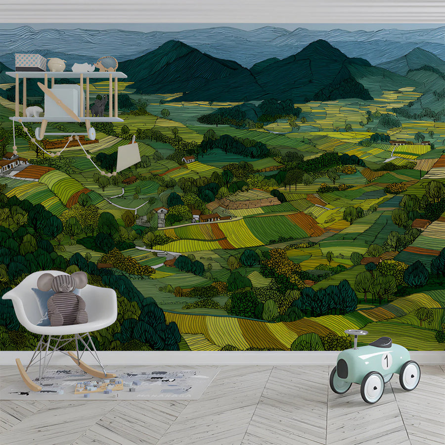 Rolling Hills Landscape Mural Wallpaper — Sketch Style Art Mural Wallpaper