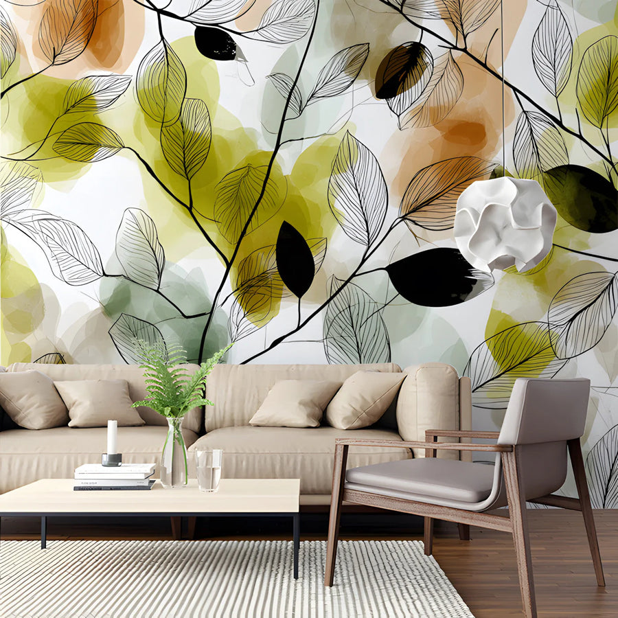 Abstract Botanical Leaf Mural Wallpaper — Modern Sketch Style Mural Wallpaper