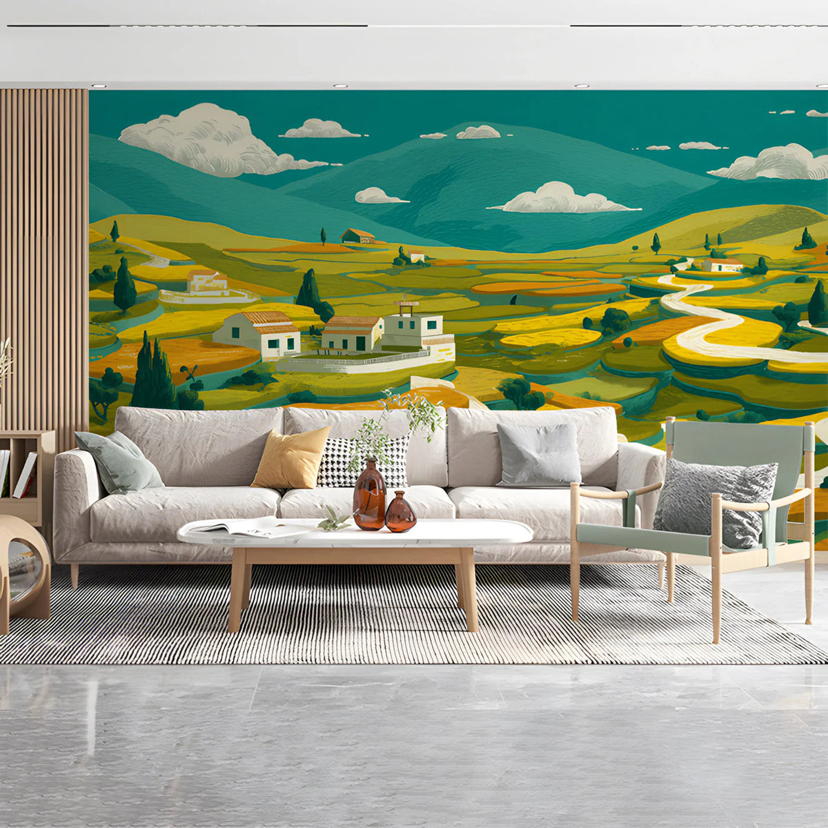 Mediterranean Terraced Valley Mural Wallpaper — Artistic Landscape Mural Wallpaper - pure wallpaper artwork
