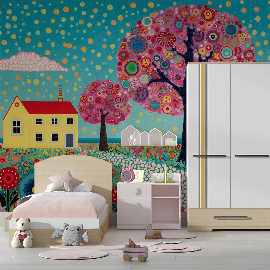 Whimsical Meadow Garden Mural Wallpaper — Bright Folk Art Style Mural Wallpaper