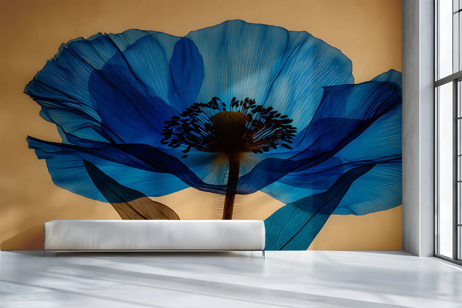 Ethereal Blue Poppy Macro Mural Wallpaper — Modern Botanical Art Mural Wallpaper