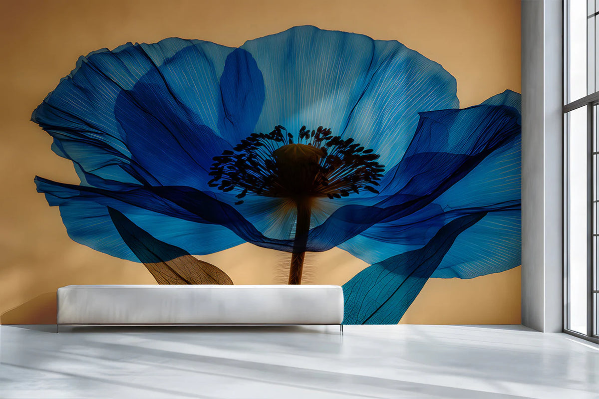 Ethereal Blue Poppy Macro Mural Wallpaper — Modern Botanical Art Mural Wallpaper - pure wallpaper artwork