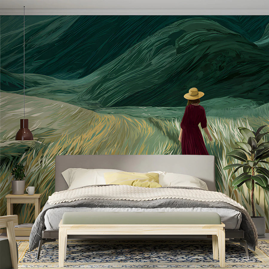 Woman in Field Mural Wallpaper —Painterly Landscape Design Mural Wallpaper