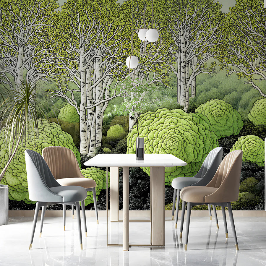 Stylized Birch Forest Mural Wallpaper in Chartreuse and Charcoal Mural Wallpaper