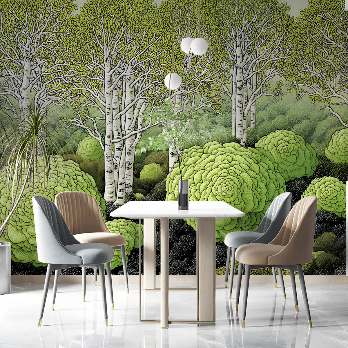 Stylized Birch Forest Mural Wallpaper in Chartreuse and Charcoal Mural Wallpaper - pure wallpaper artwork