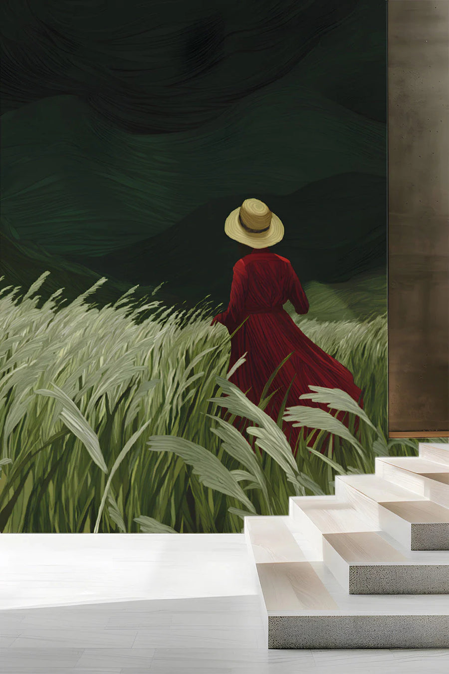 Woman in Red Field Mural Wallpaper — Moody Impressionistic Landscape Mural Wallpaper