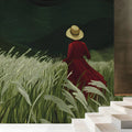 Woman in Red Field Mural Wallpaper — Moody Impressionistic Landscape Mural Wallpaper - pure wallpaper artwork