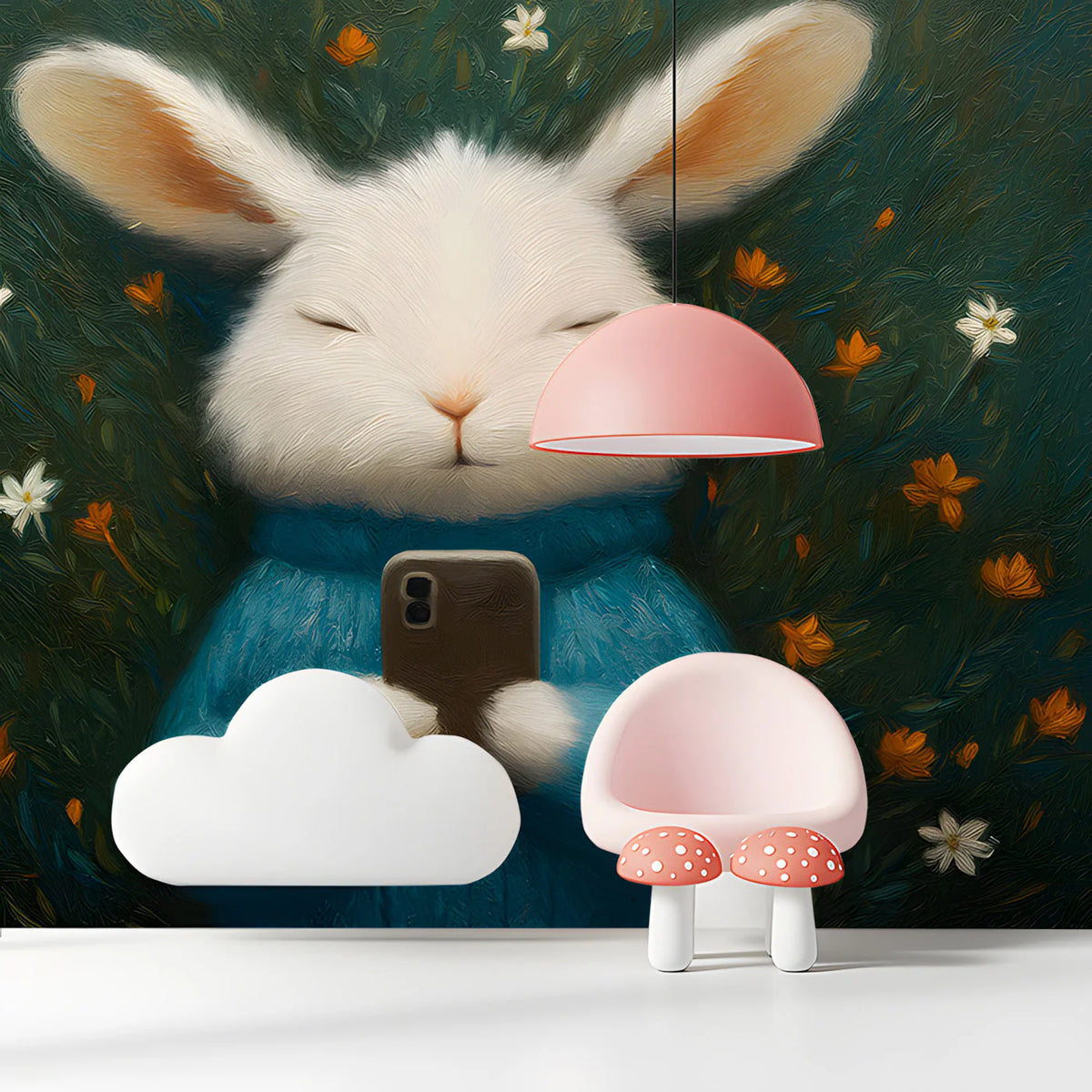 Cozy Rabbit with Smartphone Mural Wallpaper — Whimsical Art Mural Wallpaper - pure wallpaper artwork