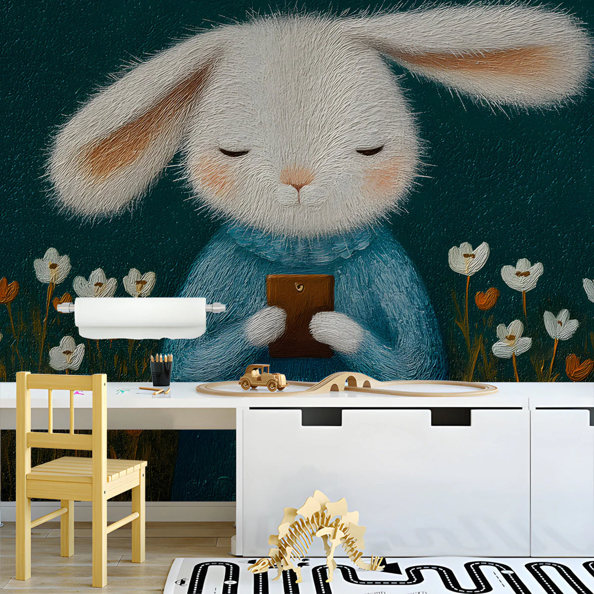 Whimsical Rabbit and Wildflowers Mural Wallpaper - pure wallpaper artwork