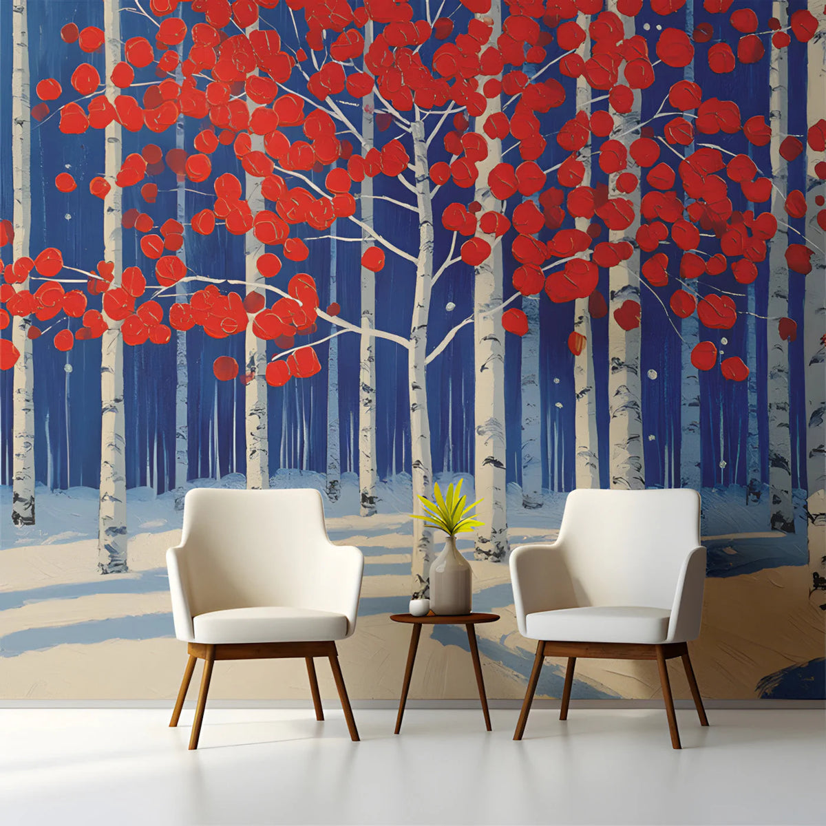 Crimson Aspen Winter Forest Mural Wallpaper - pure wallpaper artwork