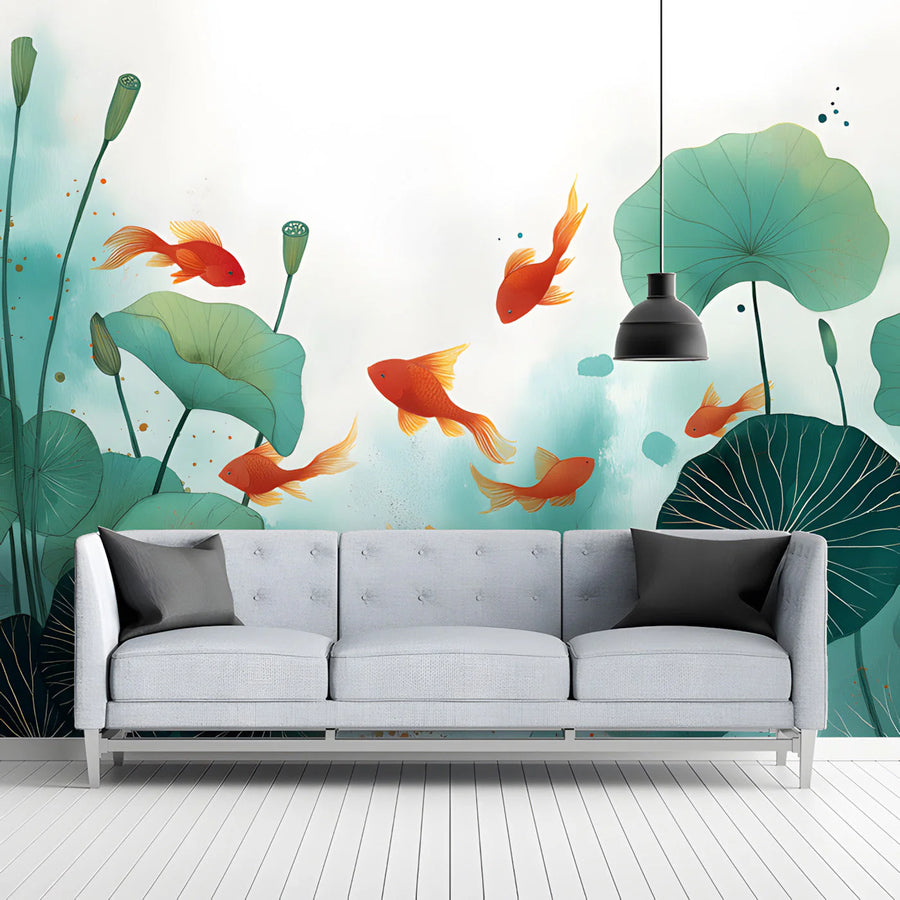 Koi Pond Botanical Mural Wallpaper — Watercolor Nature Design Mural Wallpaper