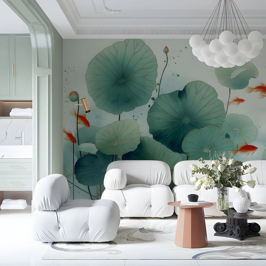 Koi Pond Lotus Mural Wallpaper in Soft Teal and Vibrant Orange Mural Wallpaper