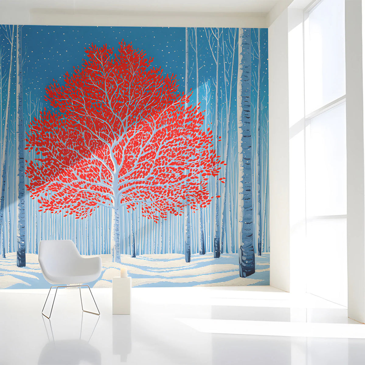 Vibrant Red Tree in Winter Forest Mural Wallpaper - pure wallpaper artwork