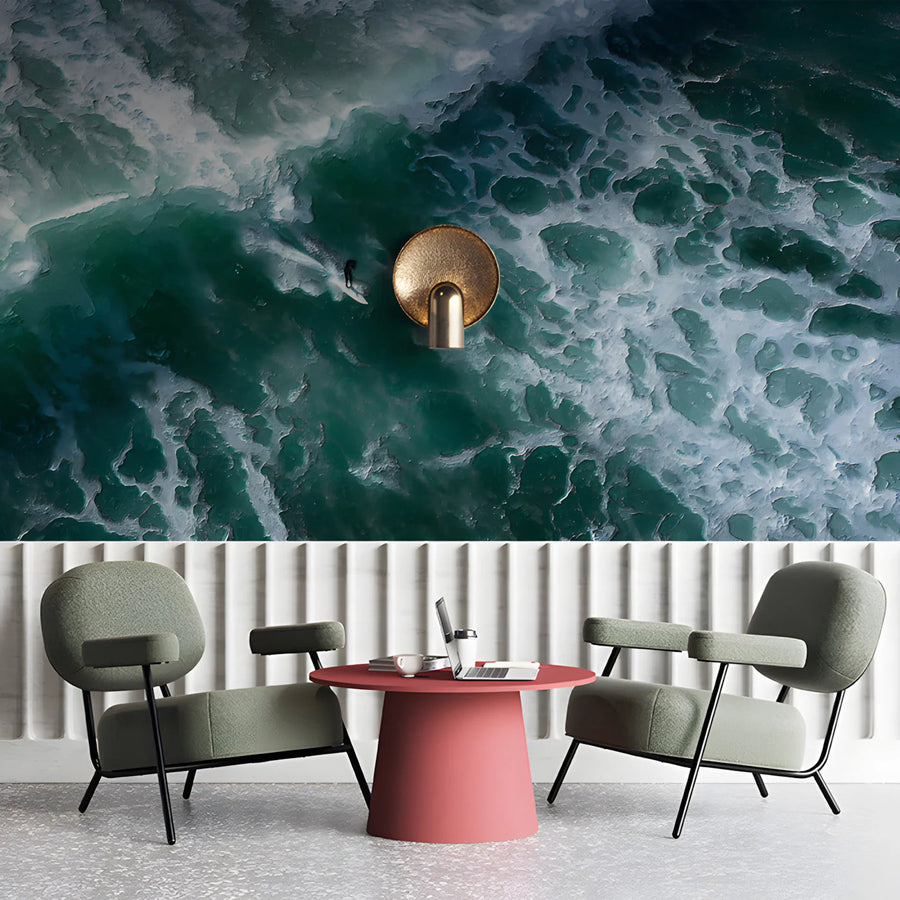 Aerial Surfer Wave Mural Wallpaper — Moody Coastal Ocean Art Mural Wallpaper