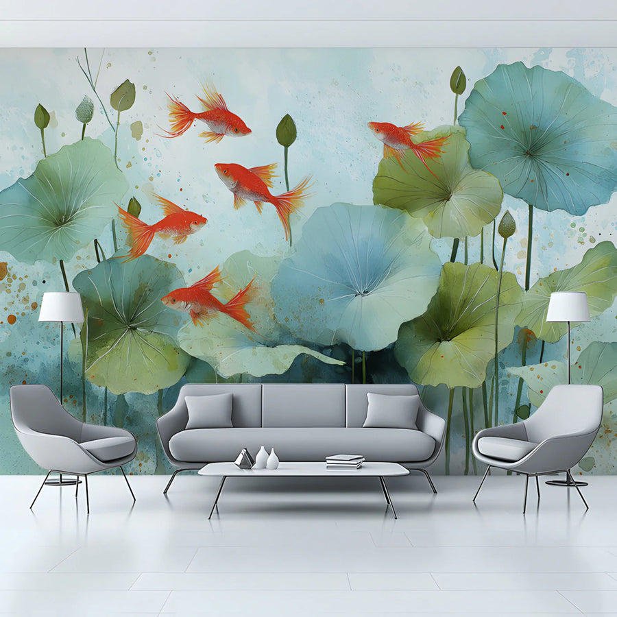 Koi Pond Watercolor Mural Wallpaper — Aquatic Botanical Design Mural Wallpaper