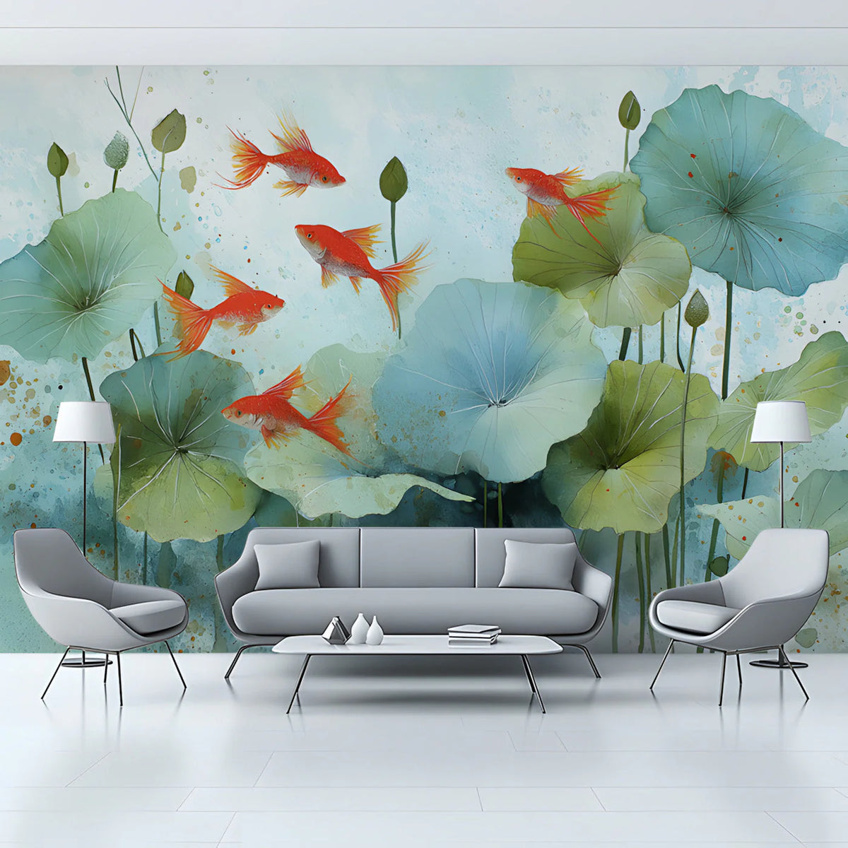 Koi Pond Watercolor Mural Wallpaper — Aquatic Botanical Design Mural Wallpaper - pure wallpaper artwork