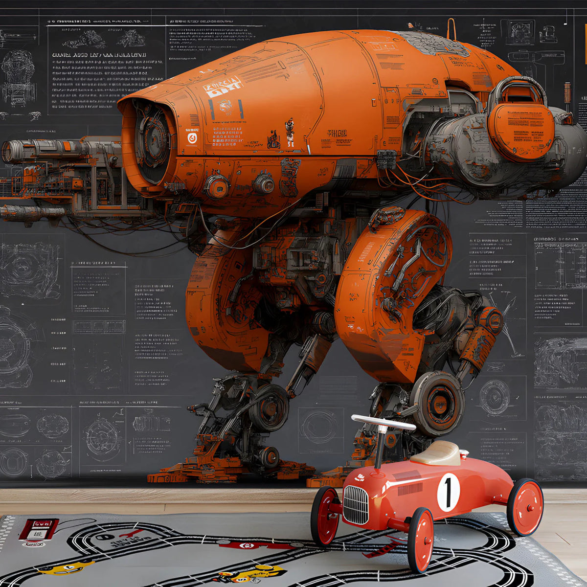 Industrial Mecha Schematic Mural Wallpaper — Kinetic Tech Design Mural Wallpaper - pure wallpaper artwork