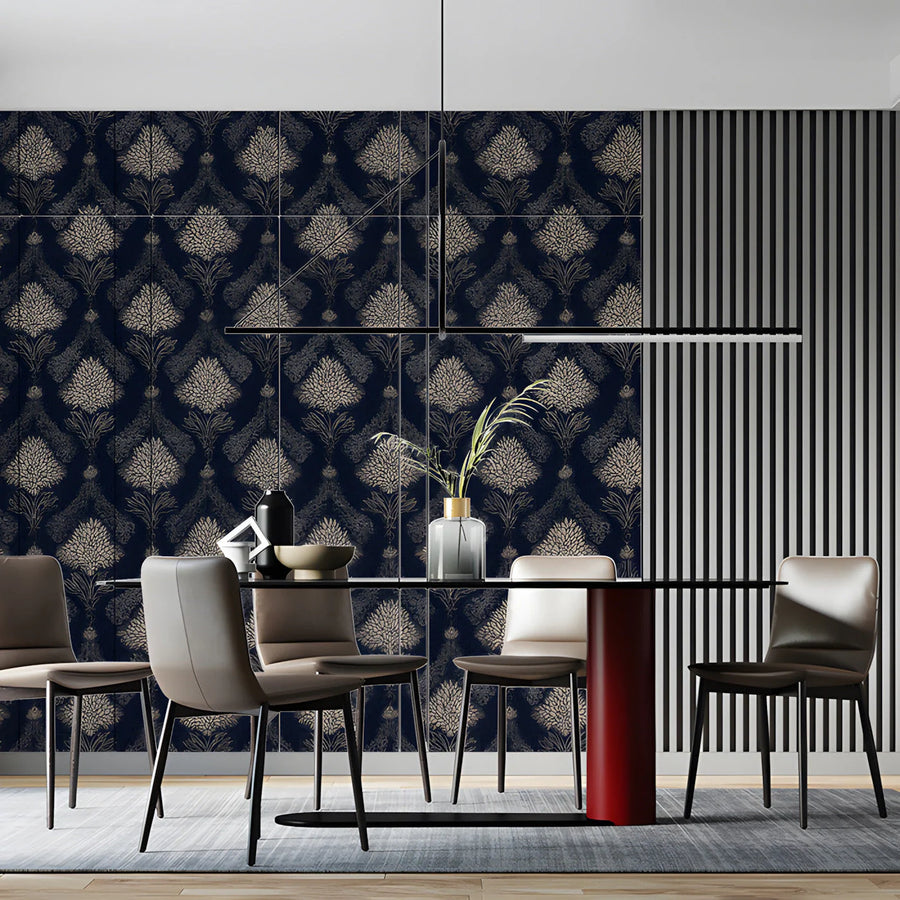 Damask Floral Silhouette Mural Wallpaper in Navy and Soft Beige Mural Wallpaper