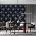 Damask Floral Silhouette Mural Wallpaper in Navy and Soft Beige Mural Wallpaper - pure wallpaper artwork