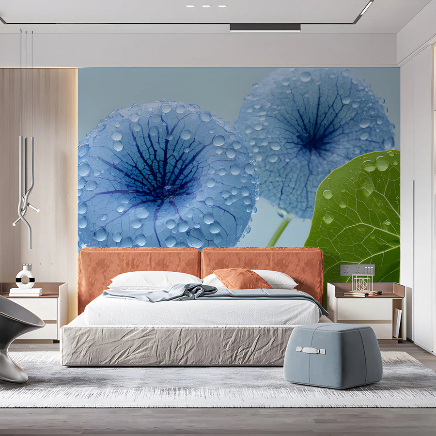 Dewy Blue Botanical Mural Wallpaper — Minimalist Nature Mural Wallpaper