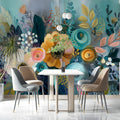 Abstract Floral Mural Wallpaper in Teal and Ochre Brushstrokes Mural Wallpaper - pure wallpaper artwork