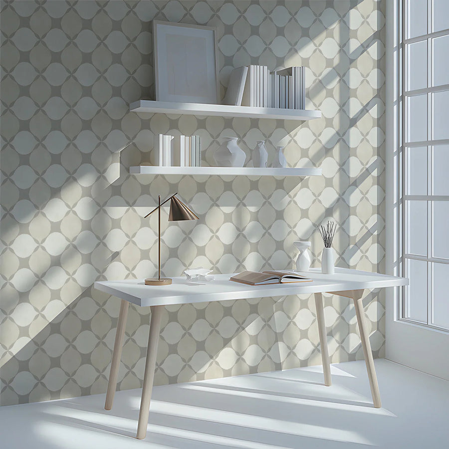 Minimalist Geometric Ogee Mural Wallpaper in Soft Beige and Cream Mural Wallpaper