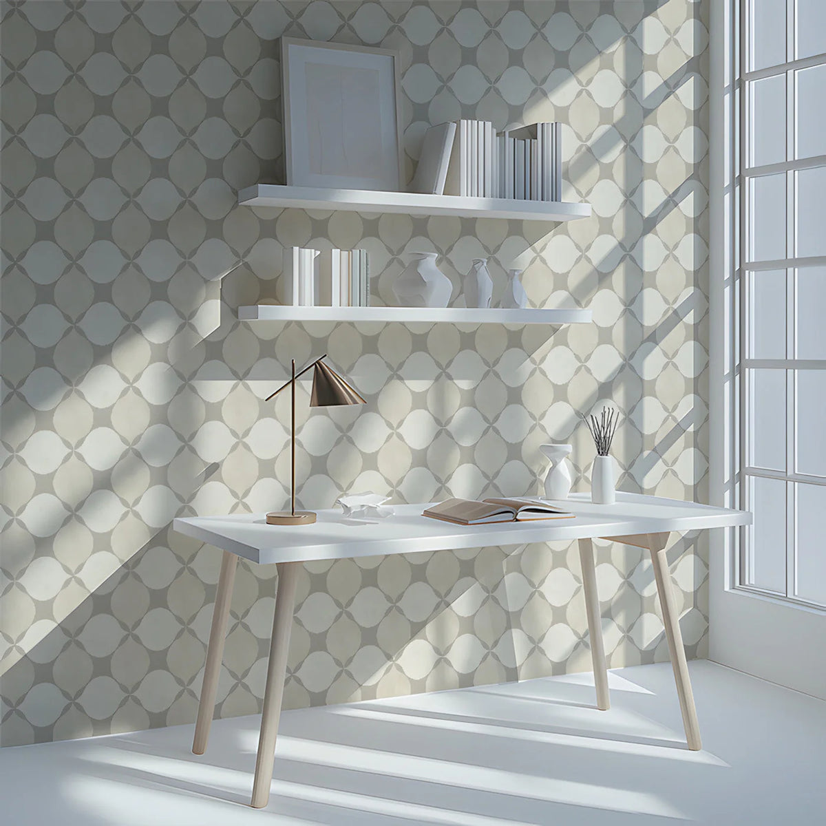 Minimalist Geometric Ogee Mural Wallpaper in Soft Beige and Cream Mural Wallpaper - pure wallpaper artwork