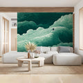 Surfer on Emerald Waves Mural Wallpaper — Stylized Sea Motif Mural Wallpaper - pure wallpaper artwork